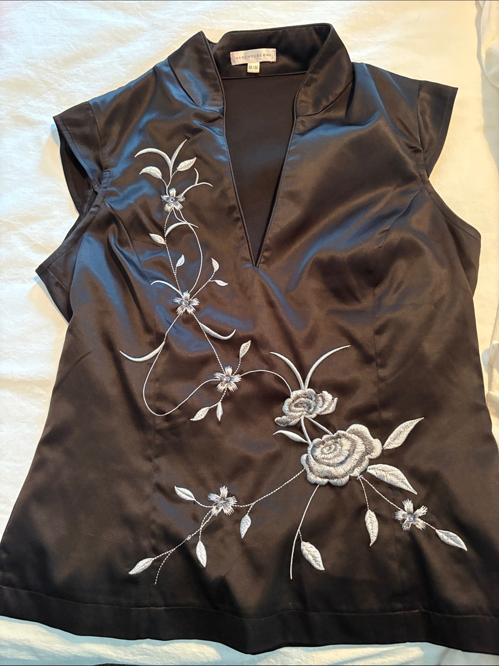Warehouse Black Satin Embroidered Collar Top